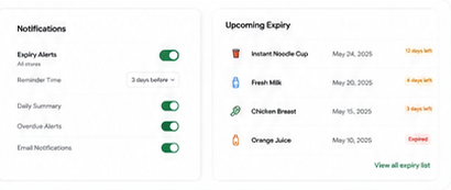 ShelfLife Sync reminder settings and upcoming-expiry list
